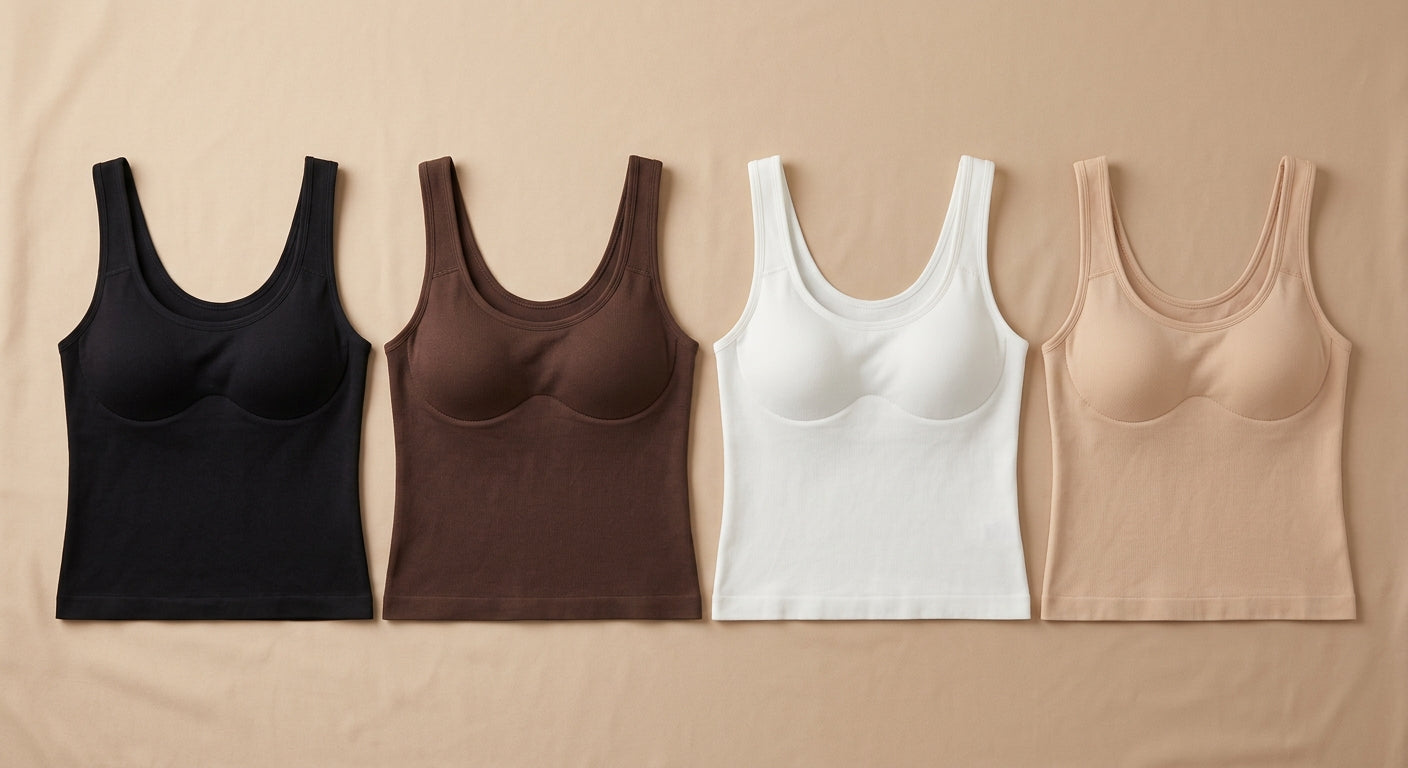 Top NUTEE présenté en quatre coloris : noir, chocolat, ivoire et nude.