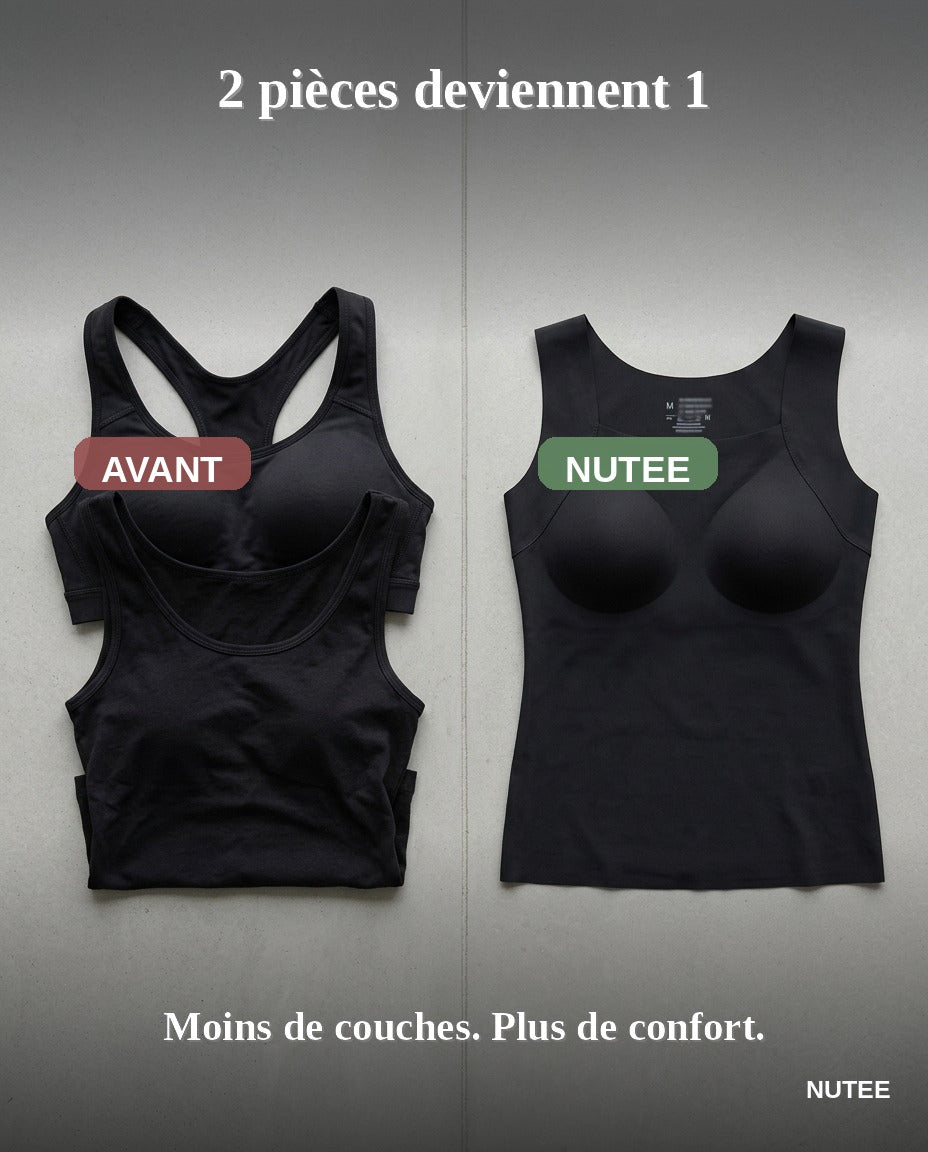 Comparatif avant avec top plus soutien-gorge, après avec NUTEE en une seule pièce.